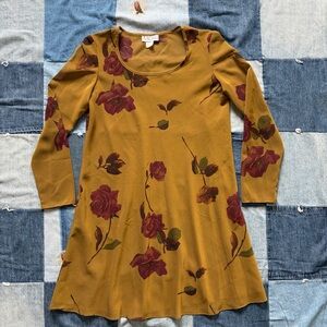 vintage 80s sheer menu floral roses dress gold and red made in USA size 6